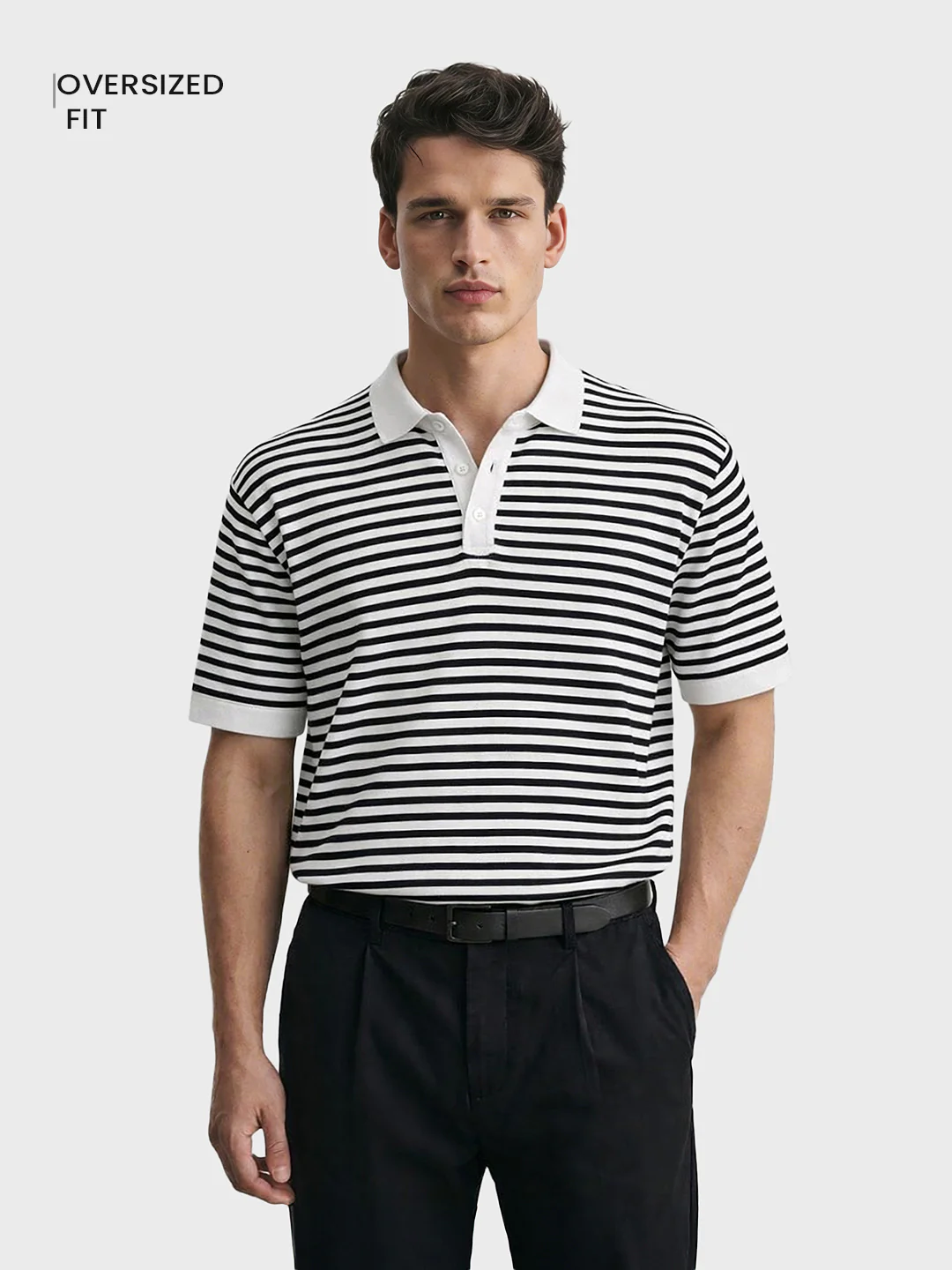 Men's White Oversized Fit Striped Flat Knit T-Shirt - Image 2