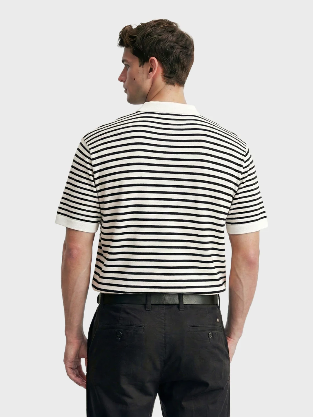 Men's White Oversized Fit Striped Flat Knit T-Shirt - Image 3