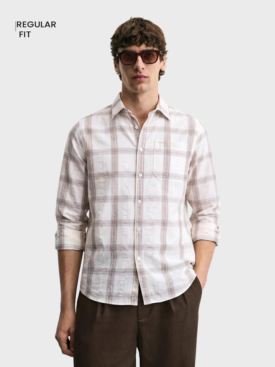 Men's Khaki Regular Fit Checkered Casual Shirt - Image 2