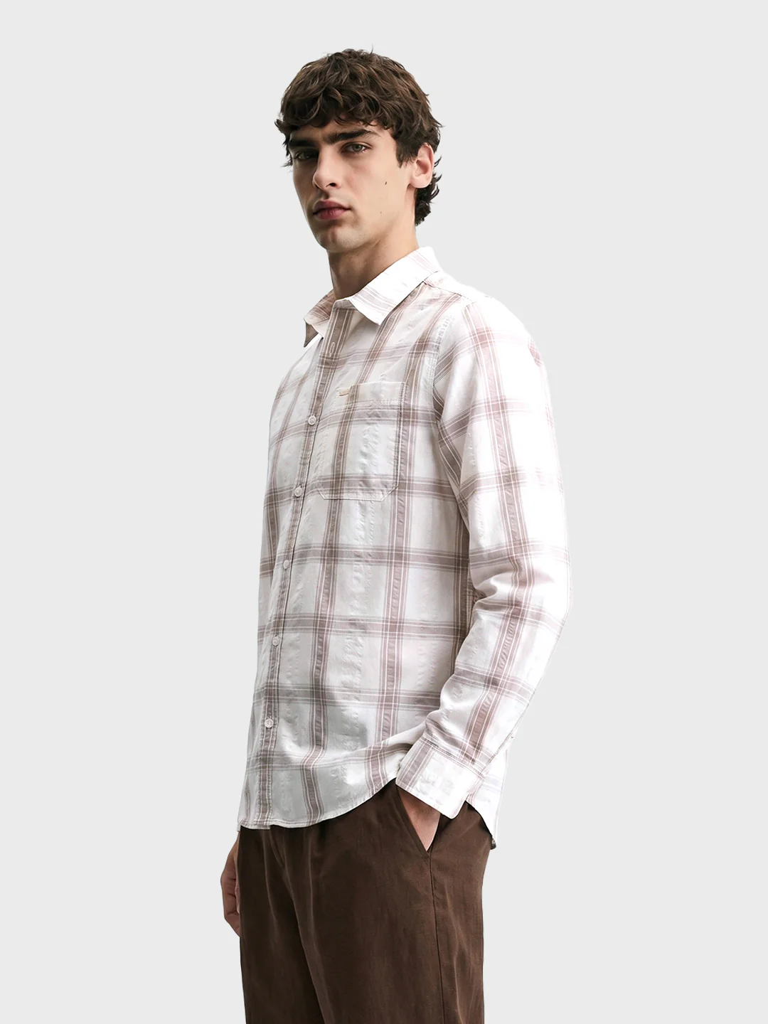 Men's Khaki Regular Fit Checkered Casual Shirt - Image 3