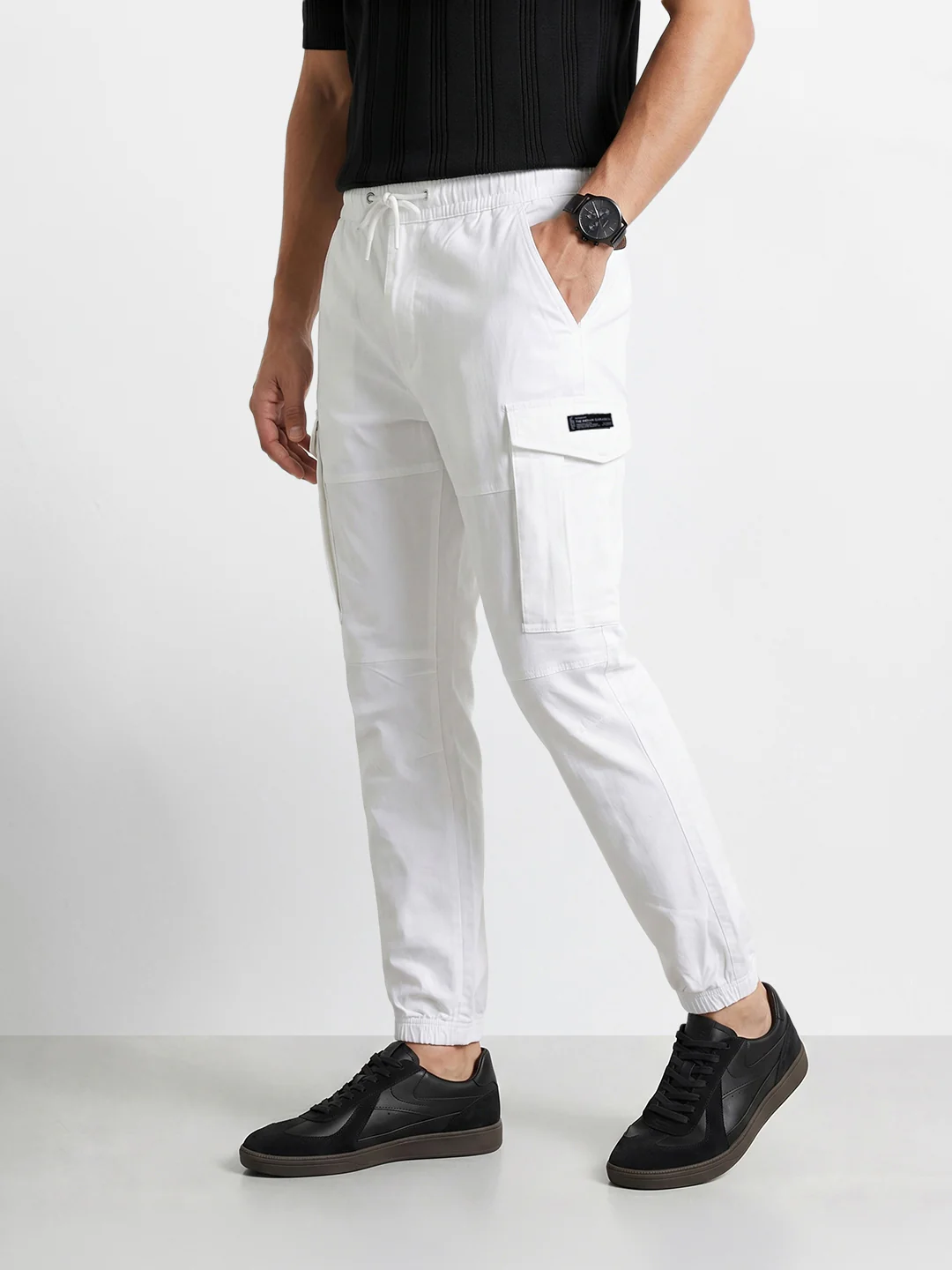 Men's White Regular Fit Solid Utility Cargo - Image 3