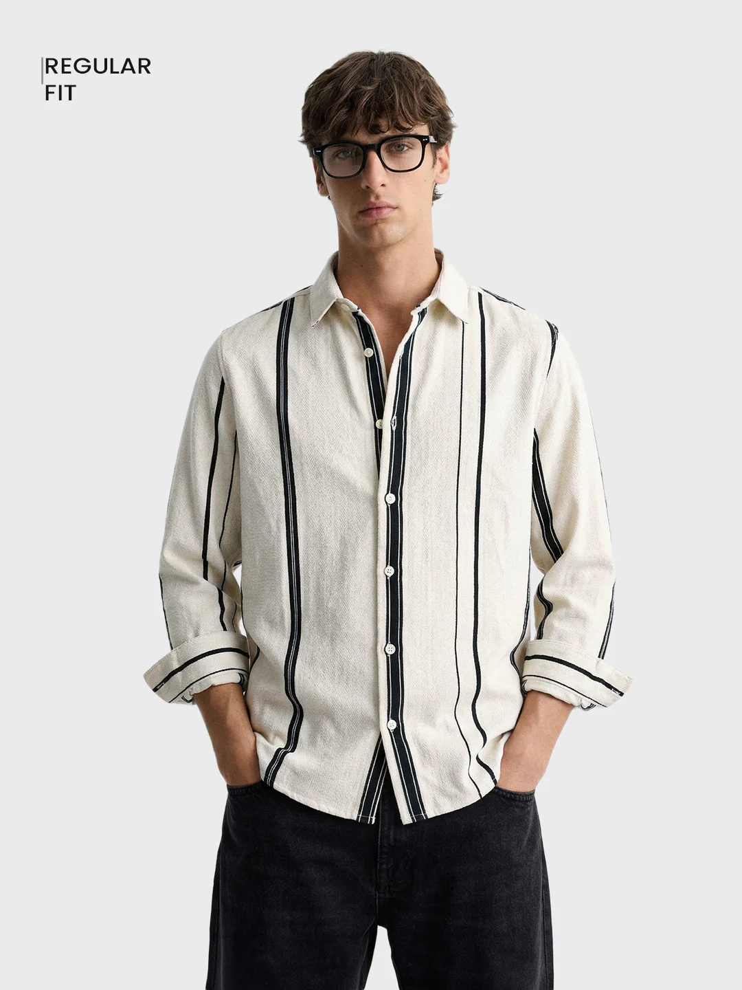 Men's White Regular Fit Striped Casual Shirt - Image 2
