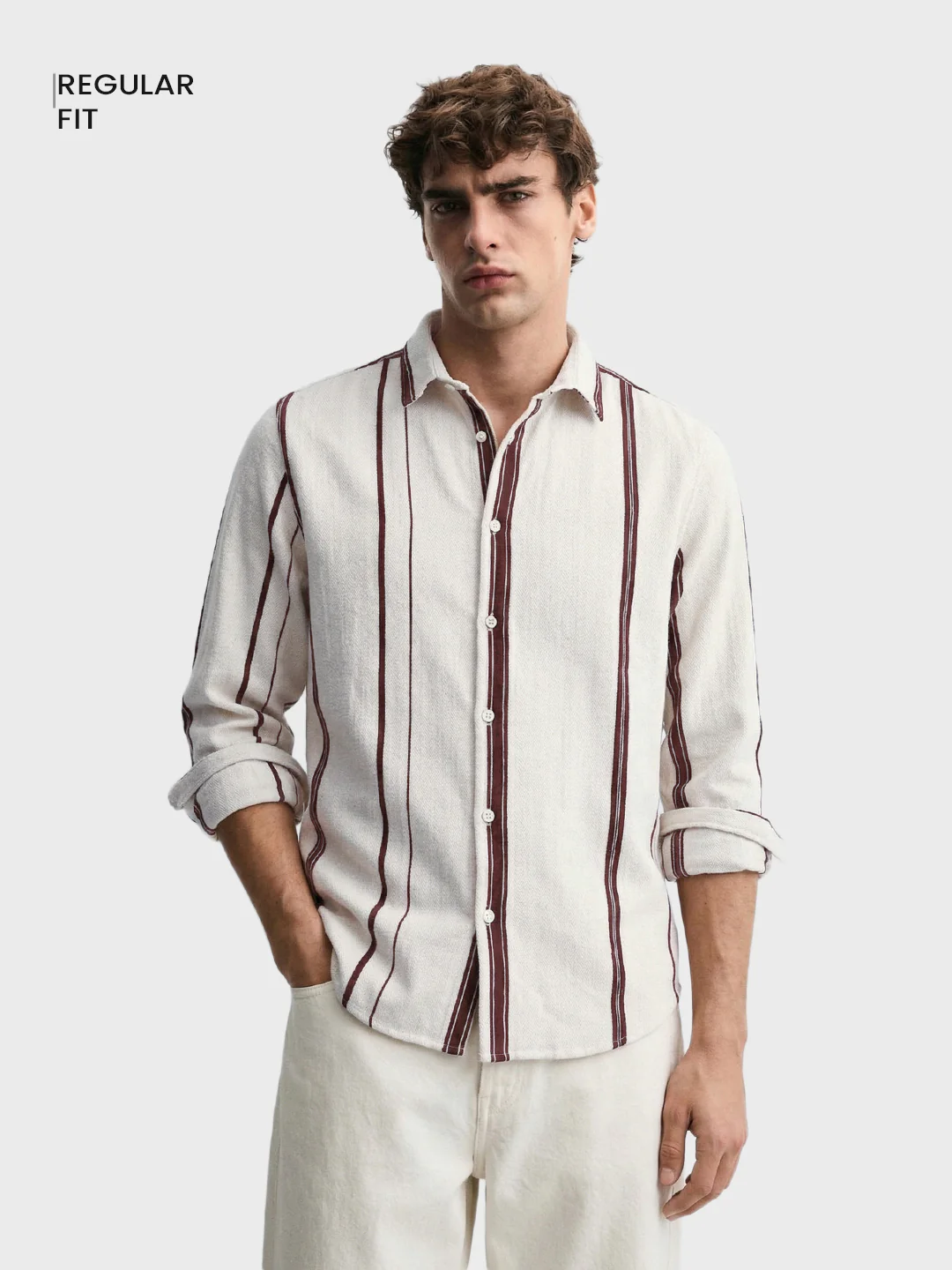 Men's White Regular Fit Striped Casual Shirt - Image 2
