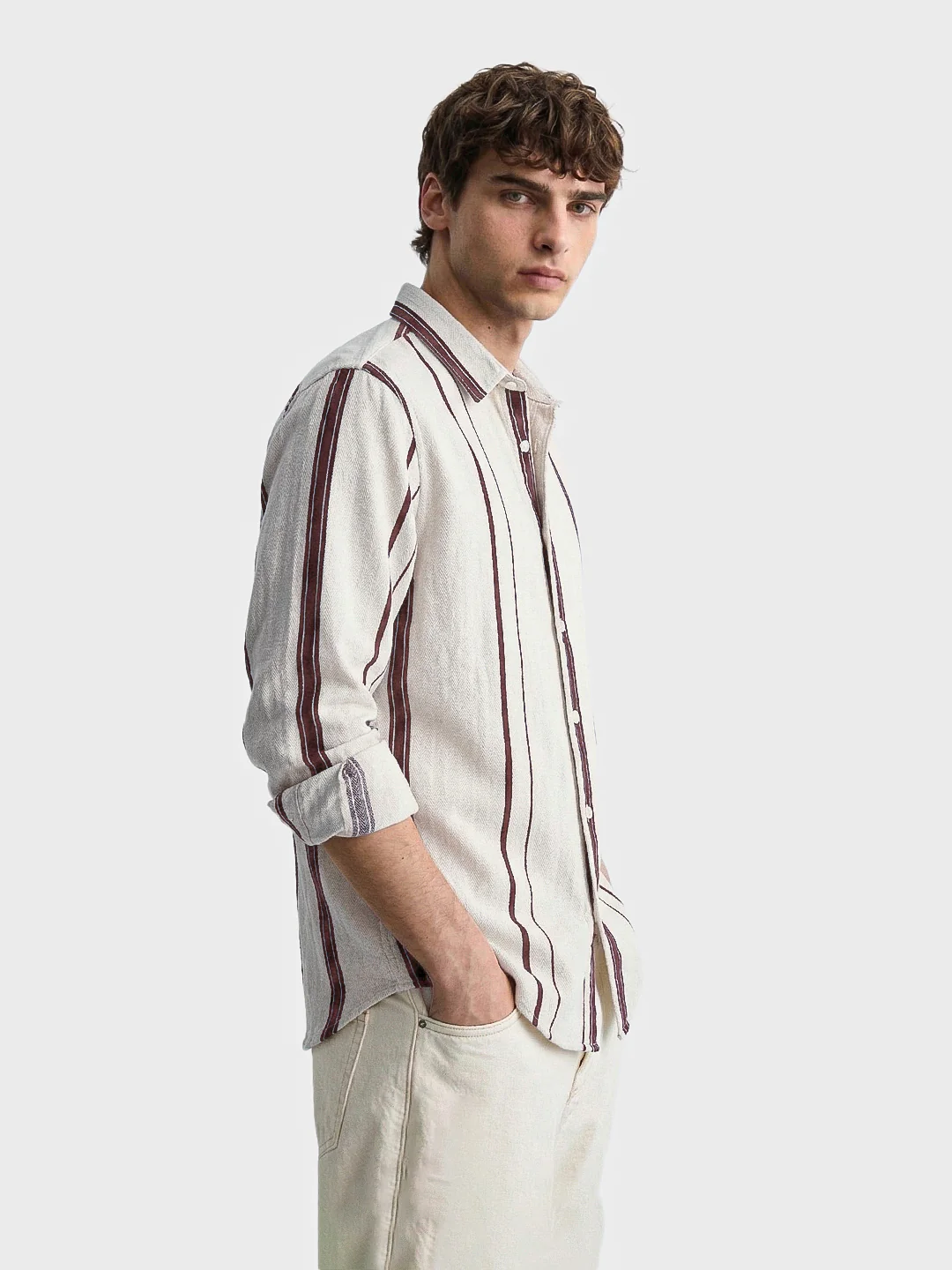 Men's White Regular Fit Striped Casual Shirt - Image 4
