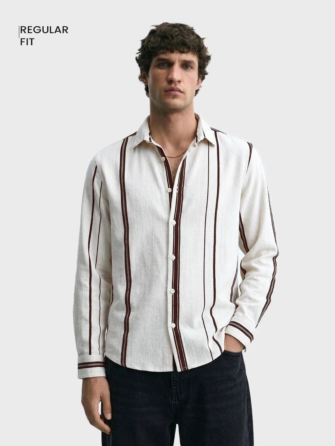 Men's White Regular Fit Striped Casual Shirt - Image 2