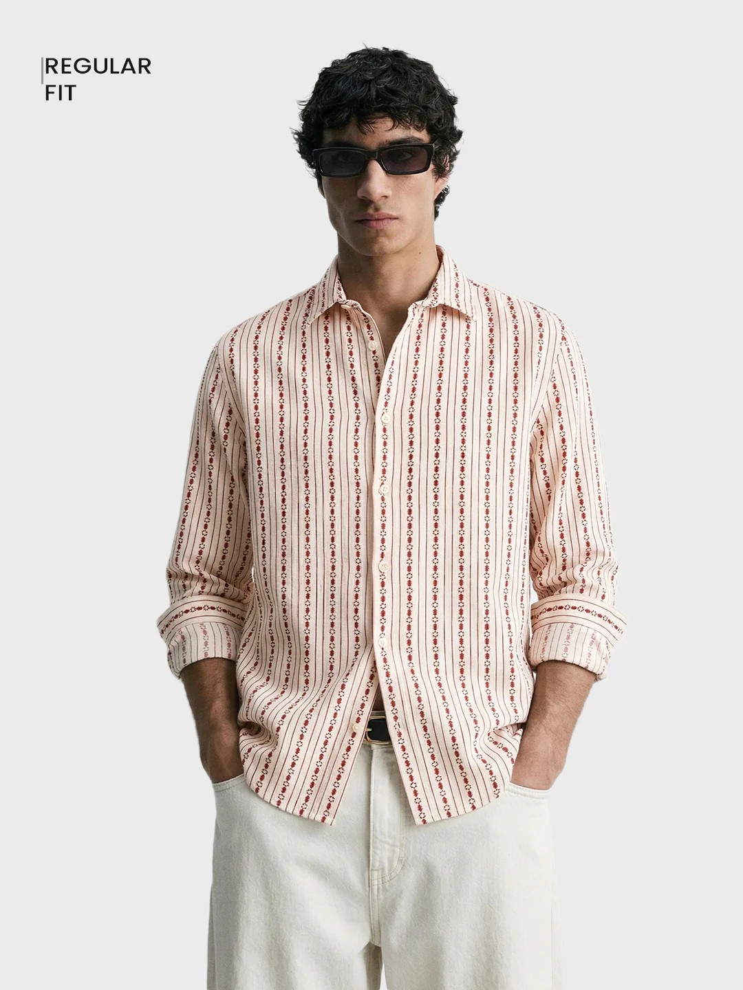 Men's White Regular Fit Striped Casual Shirt - Image 2