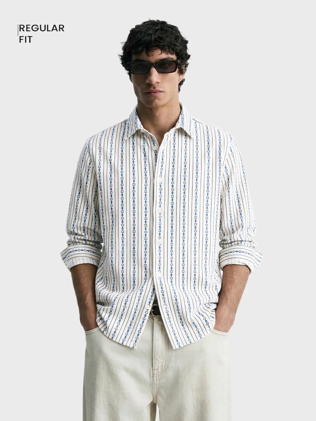 Men's White Regular Fit Striped Casual Shirt - Image 2