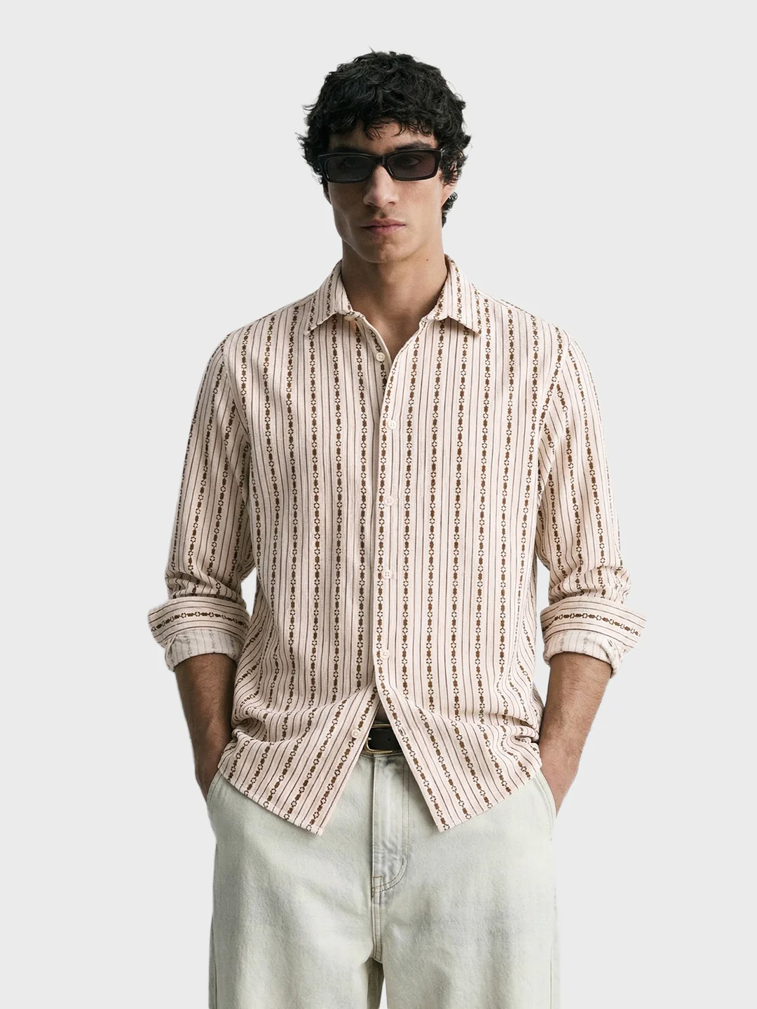 Men's White Regular Fit Striped Casual Shirt - Image 2