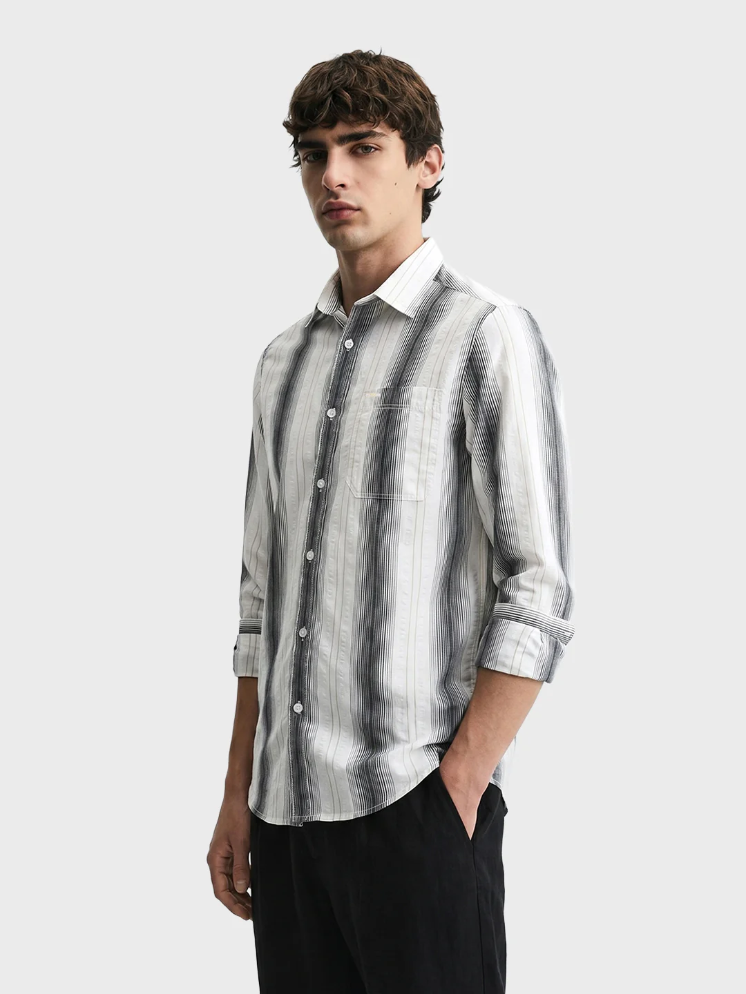 Men's Black Regular Fit Striped Casual Shirt - Image 3