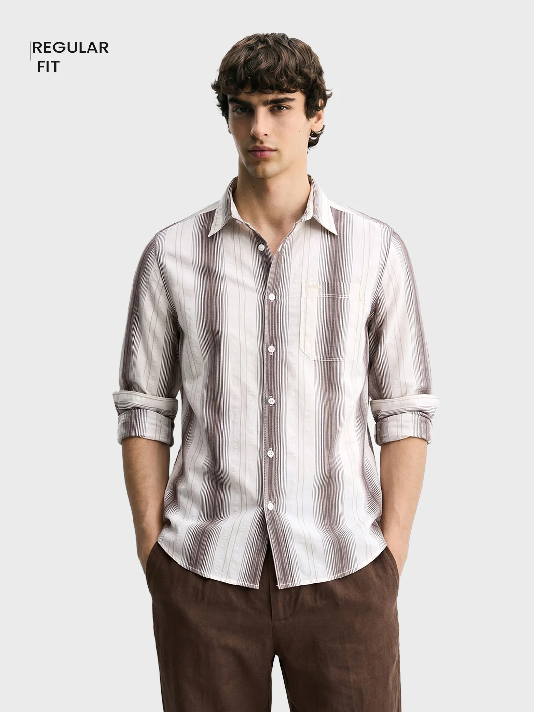 Men's Brown Regular Fit Striped Casual Shirt - Image 2