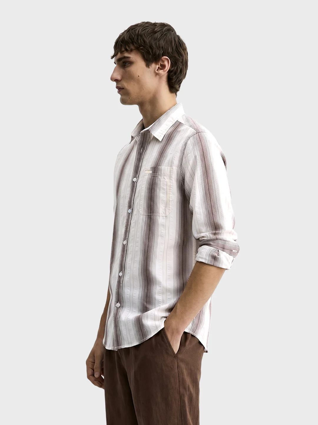 Men's Brown Regular Fit Striped Casual Shirt - Image 3
