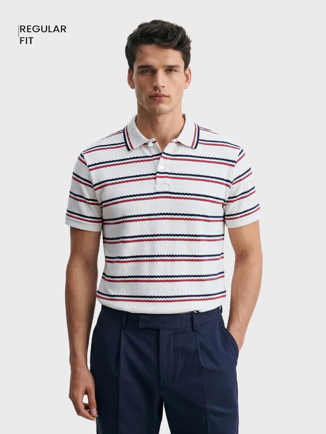 Men's White Regular Fit Striped Casual T-Shirt - Image 2