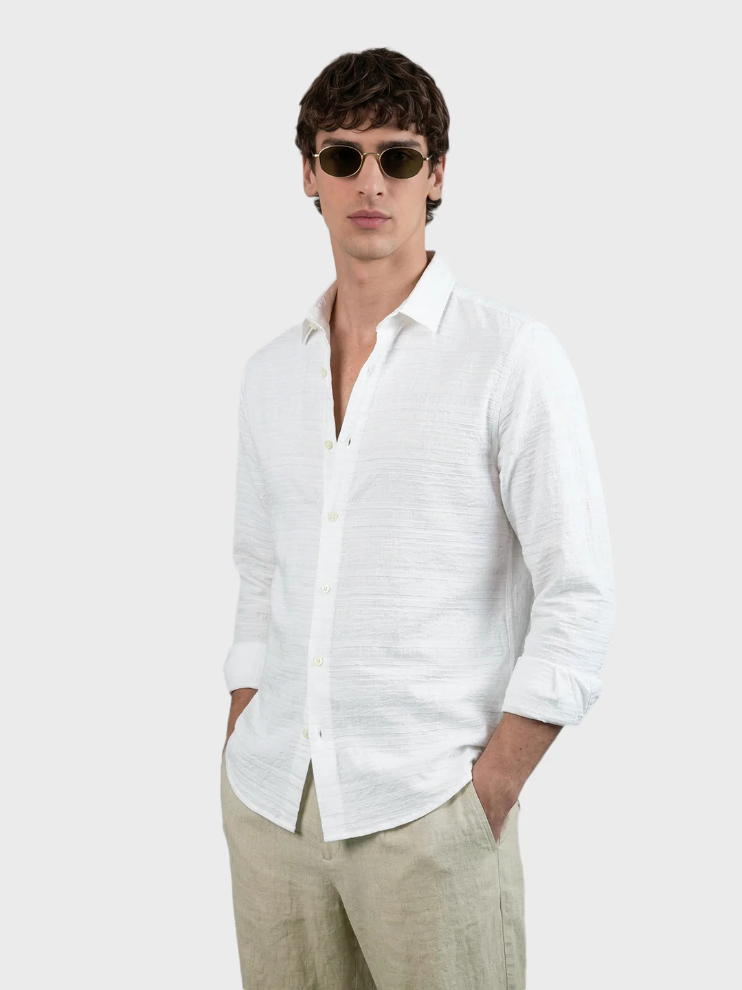 Men's White Regular Fit Textured Casual Shirt - Image 4