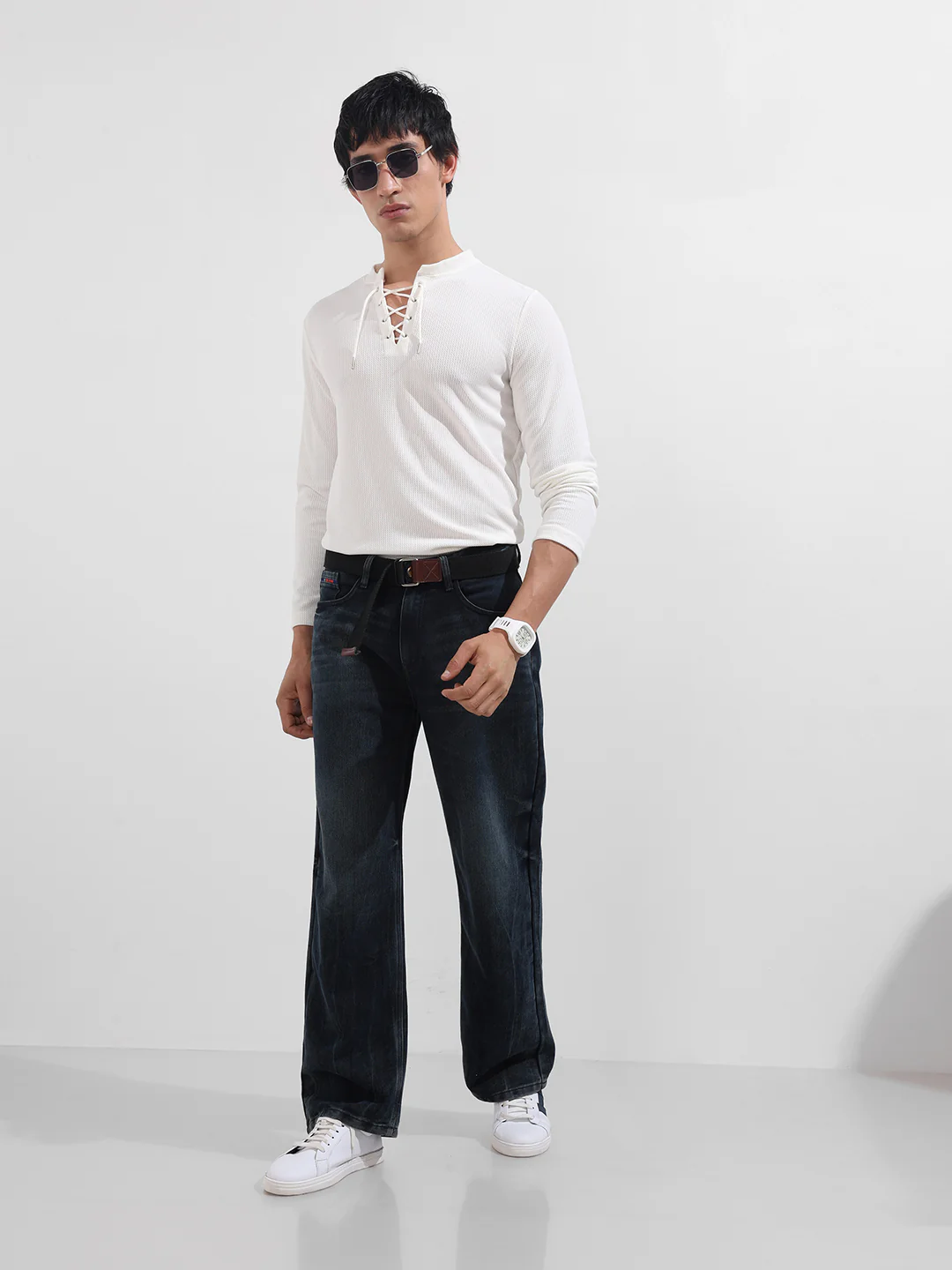 Men's White Regular Fit Textured Casual T-Shirt - Image 2