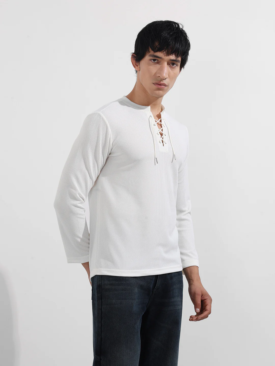 Men's White Regular Fit Textured Casual T-Shirt - Image 4
