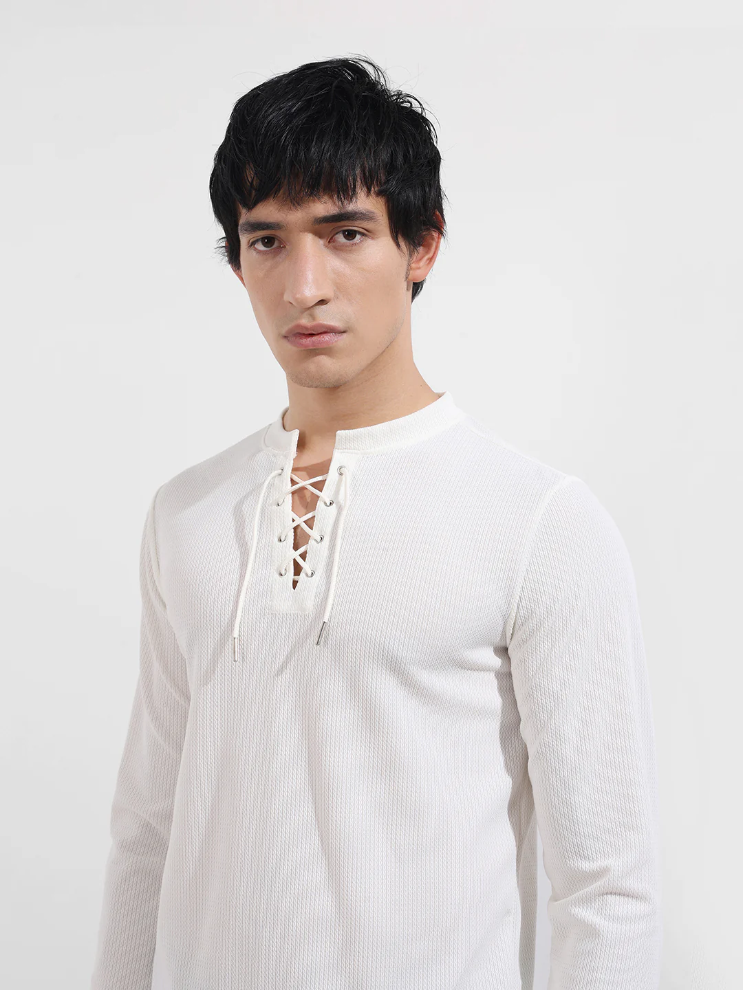 Men's White Regular Fit Textured Casual T-Shirt - Image 5