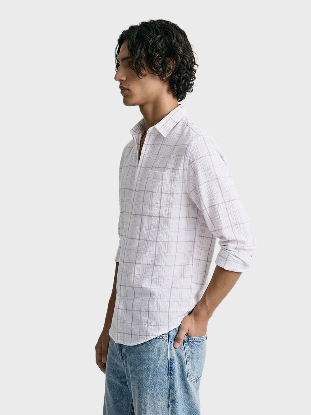 Men's White Relaxed Fit Checkered Oddinary Shirt - Image 3