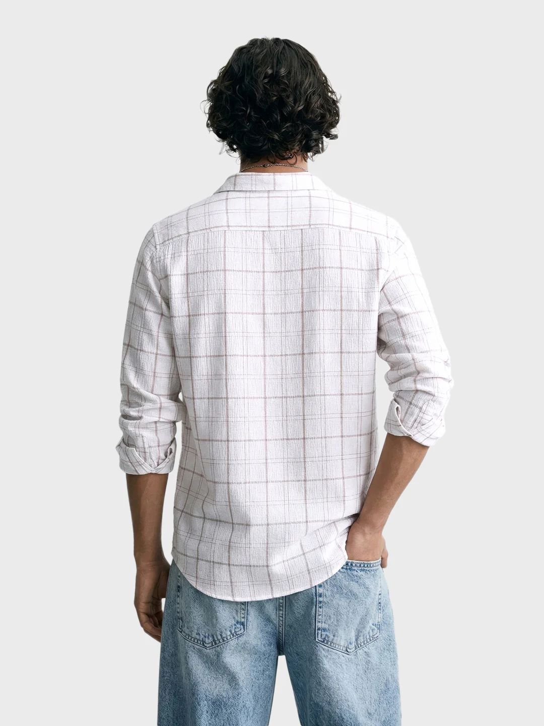 Men's White Relaxed Fit Checkered Oddinary Shirt - Image 4