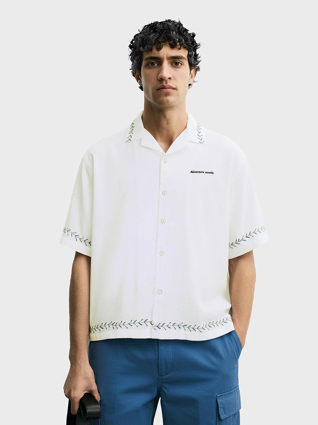 Men's White Relaxed Fit Embroided Resort Wear Shirt - Image 2