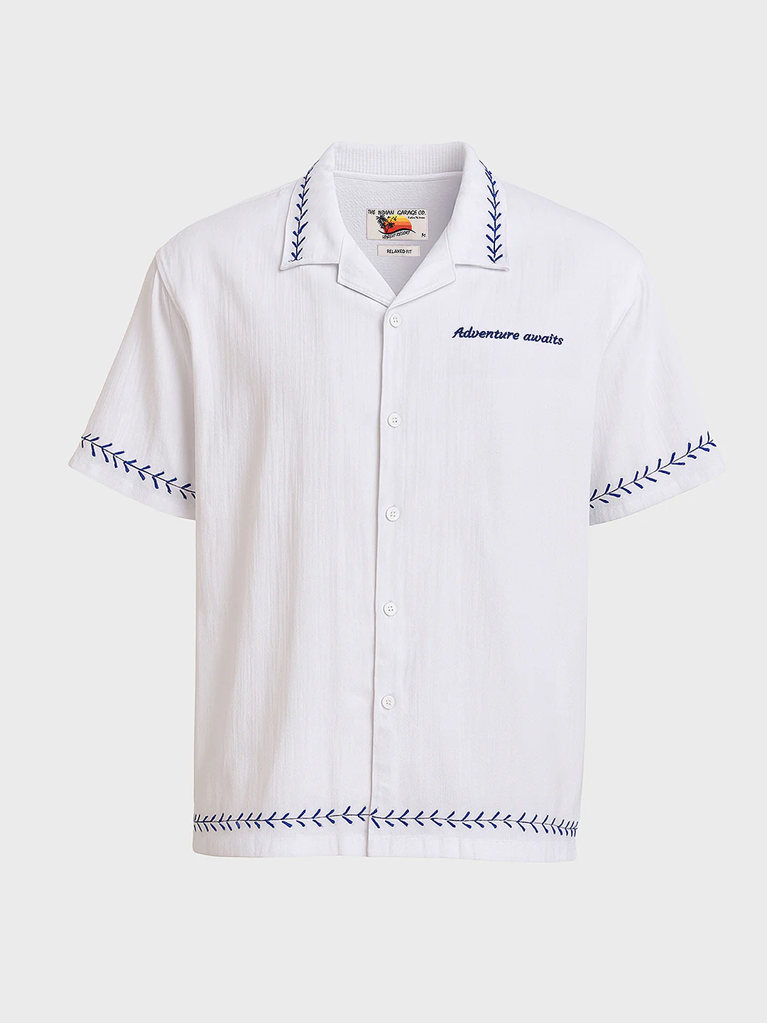 Men's White Relaxed Fit Embroided Resort Wear Shirt - Image 3