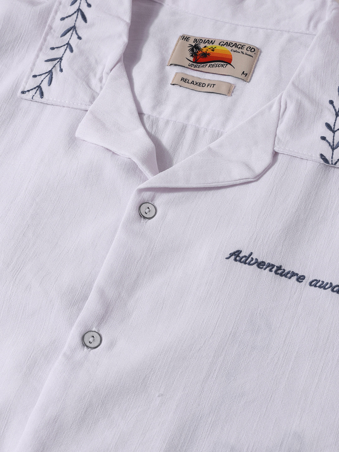 Men's White Relaxed Fit Embroided Resort Wear Shirt - Image 5