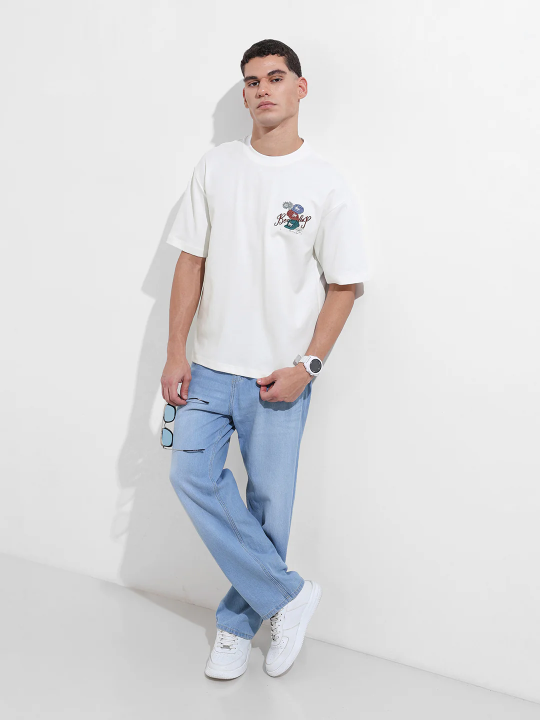 Men's White Relaxed Fit Embroided 240 GSM Street Wear T-Shirt - Image 5