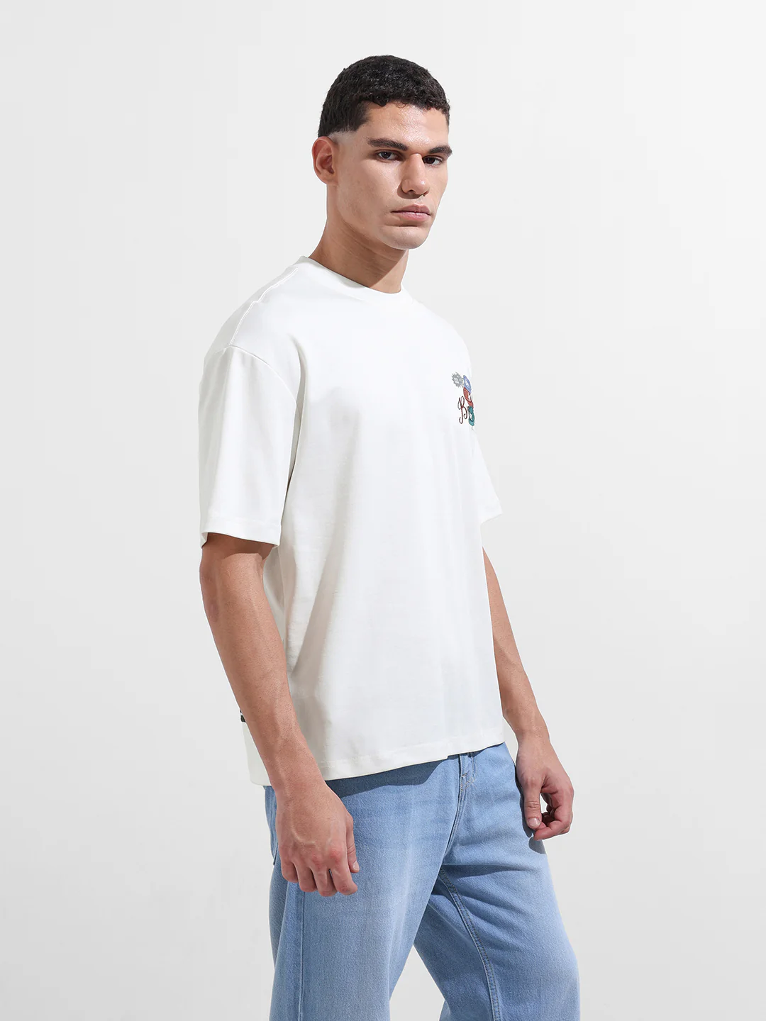 Men's White Relaxed Fit Embroided 240 GSM Street Wear T-Shirt - Image 6