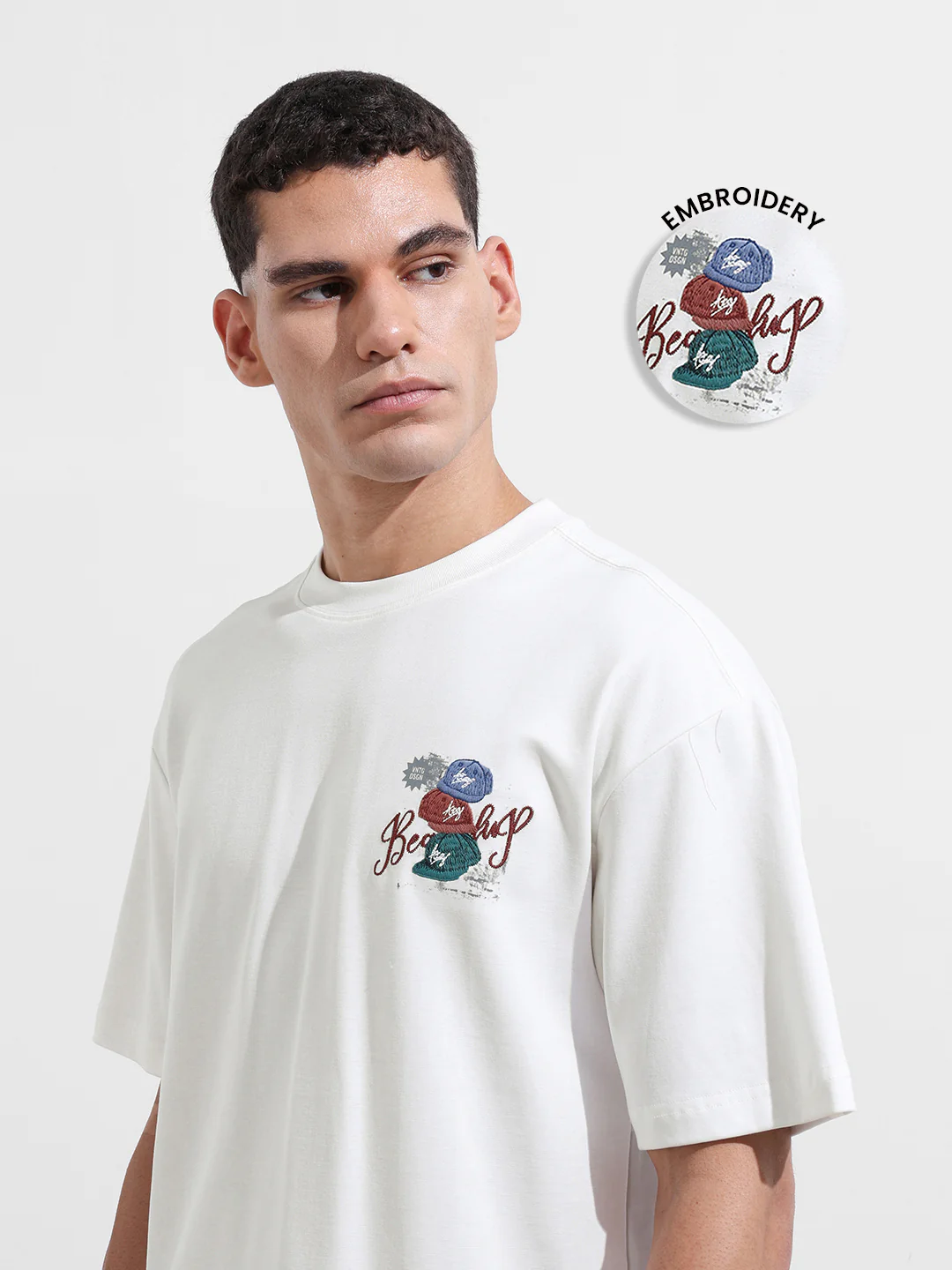 Men's White Relaxed Fit Embroided 240 GSM Street Wear T-Shirt - Image 7