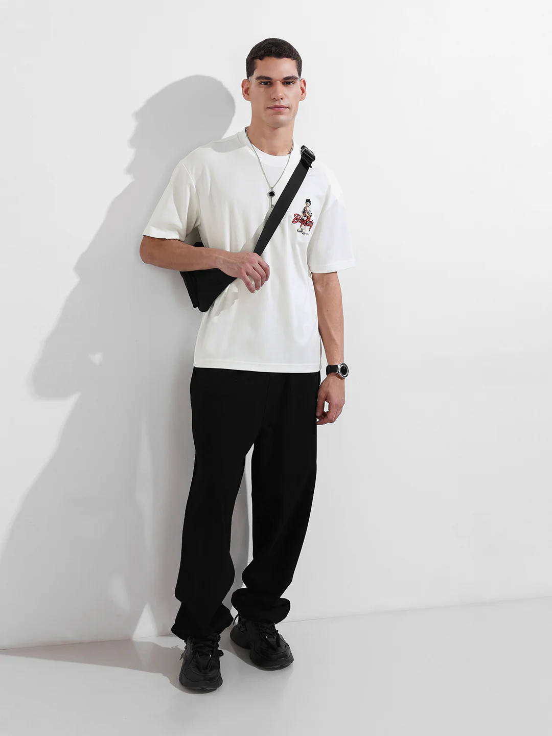 Men's White Relaxed Fit Embroided 240 GSM Street Wear T-Shirt - Image 5