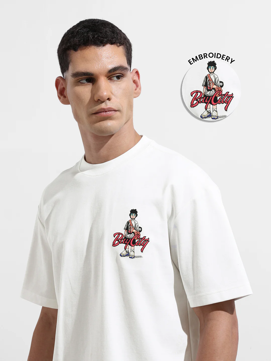 Men's White Relaxed Fit Embroided 240 GSM Street Wear T-Shirt - Image 7