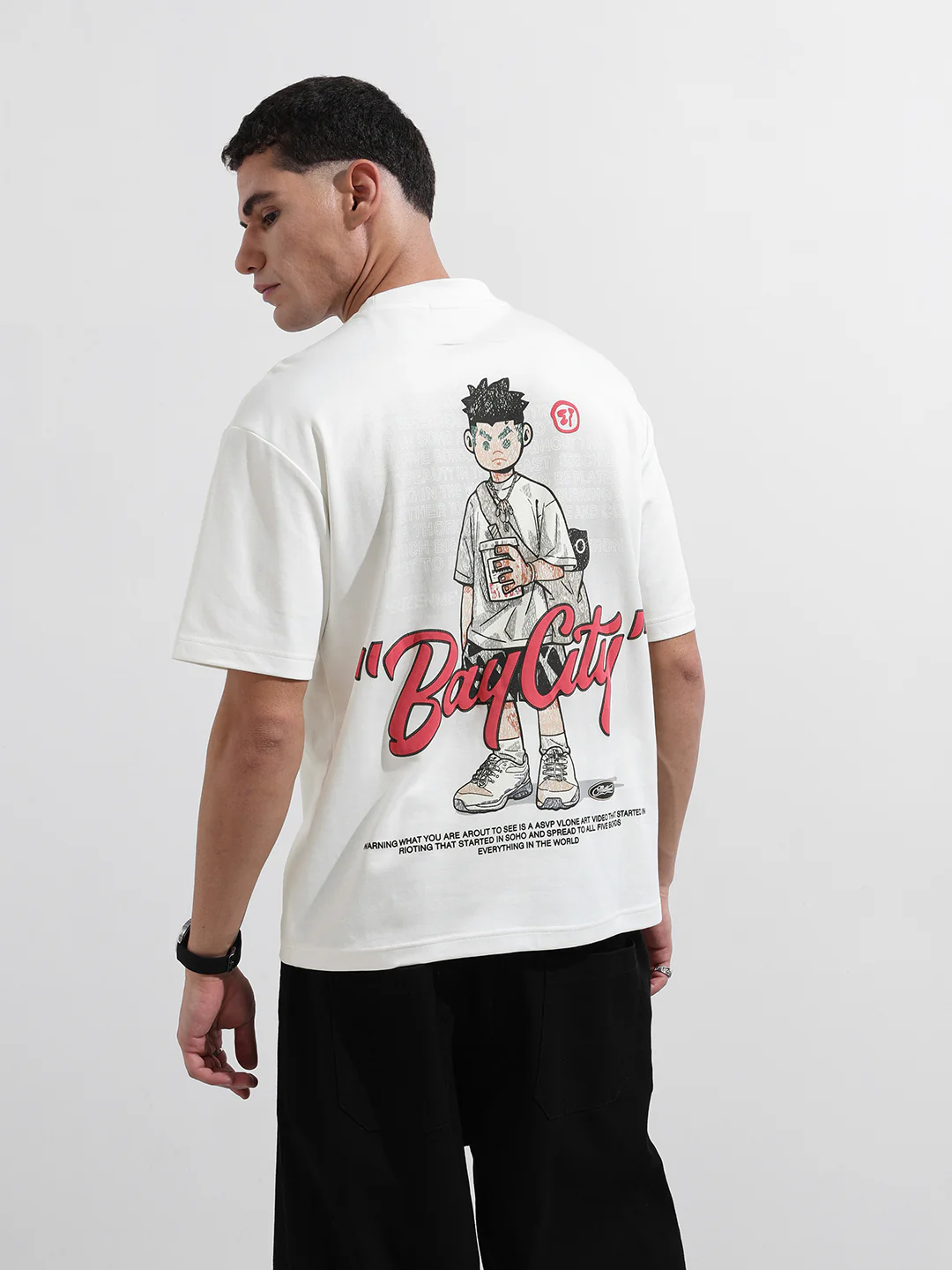 Men's White Relaxed Fit Embroided 240 GSM Street Wear T-Shirt - Image 8
