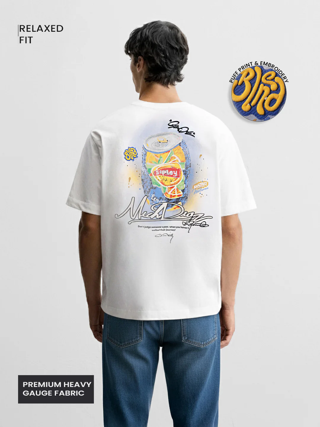 Men's White Relaxed Fit Embroided 240 GSM Casual T-Shirt - Image 3