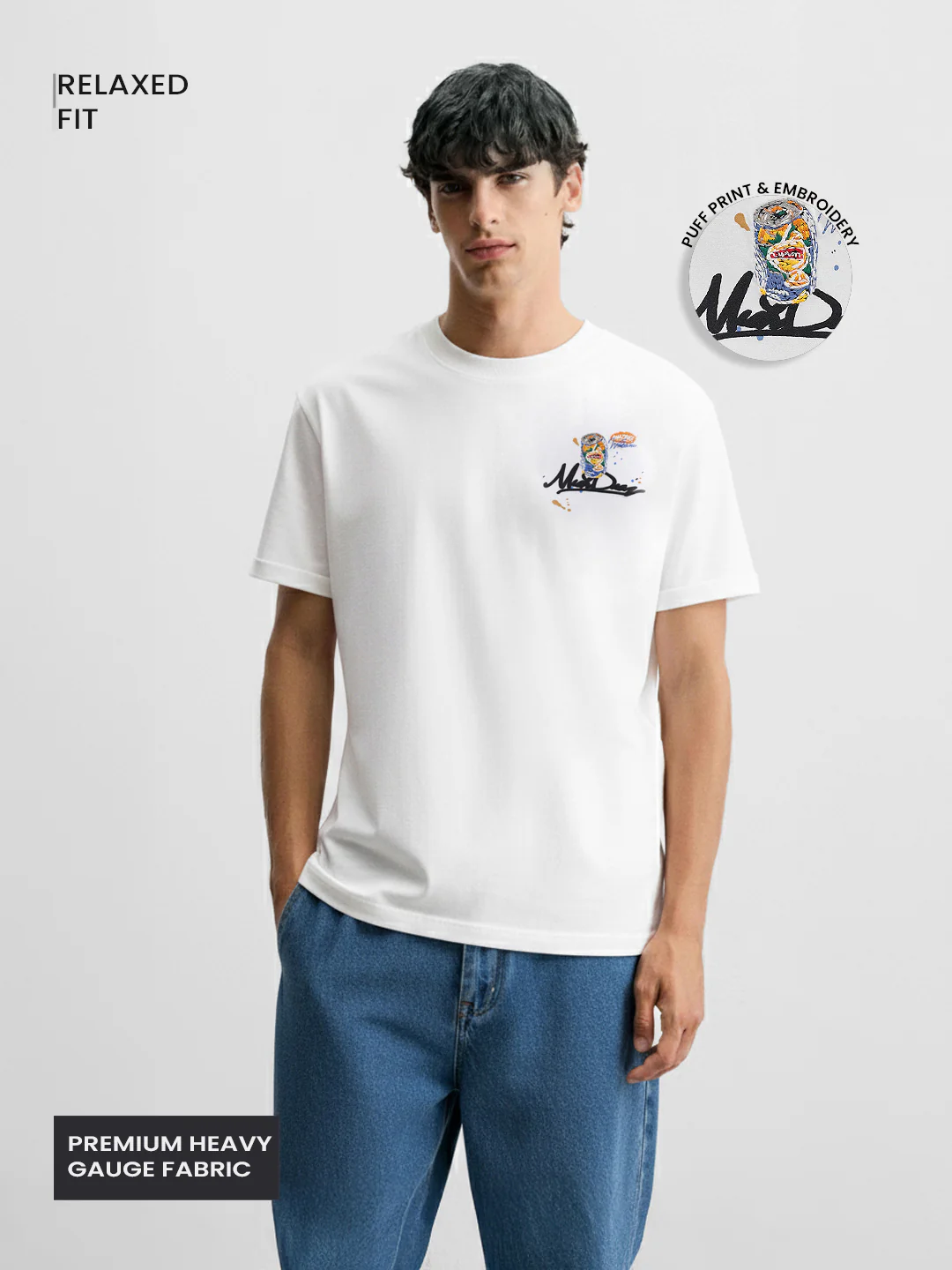 Men's White Relaxed Fit Embroided 240 GSM Casual T-Shirt - Image 4