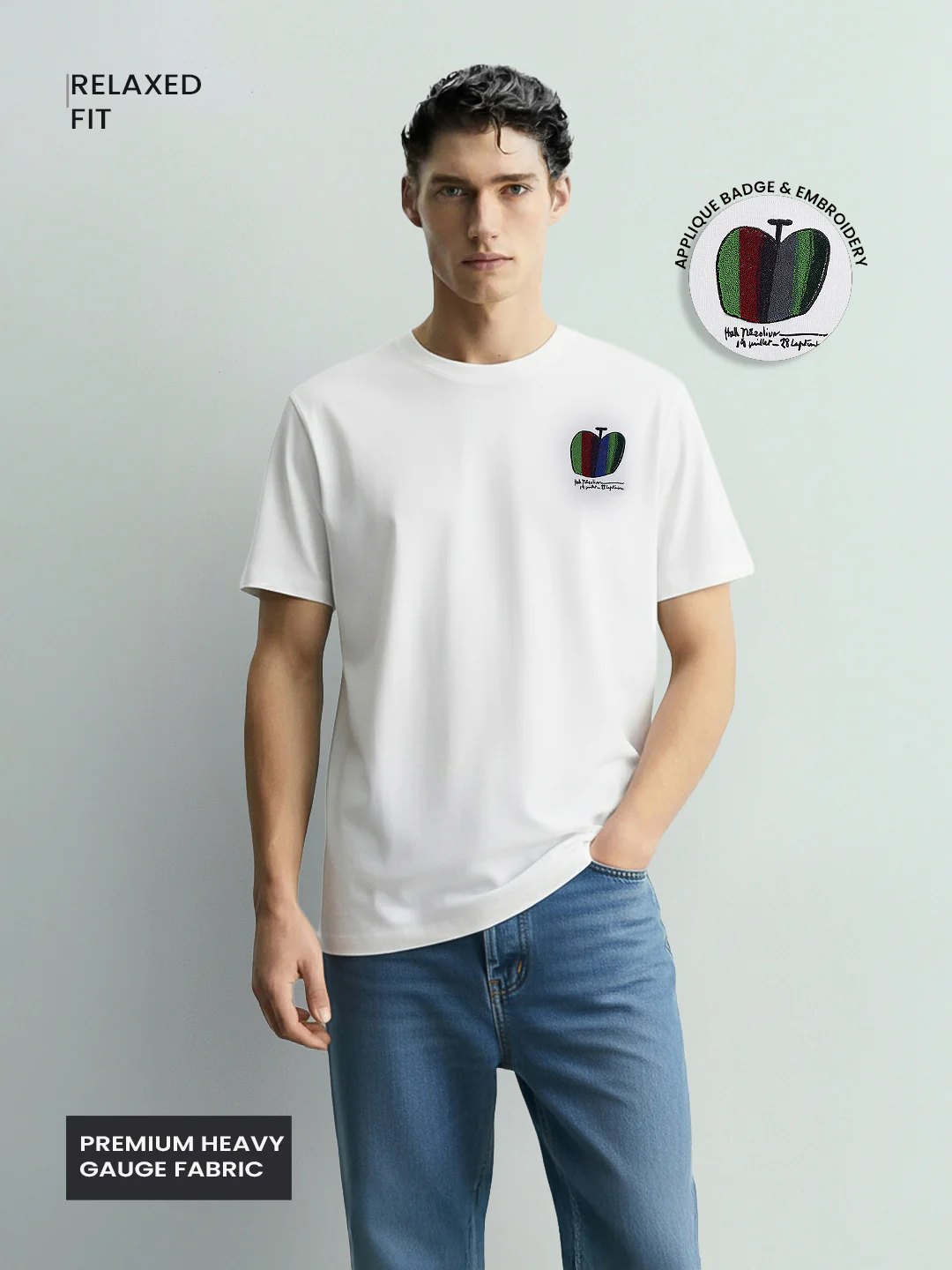 Men's White Relaxed Fit Embroided 240 GSM Casual T-Shirt - Image 4