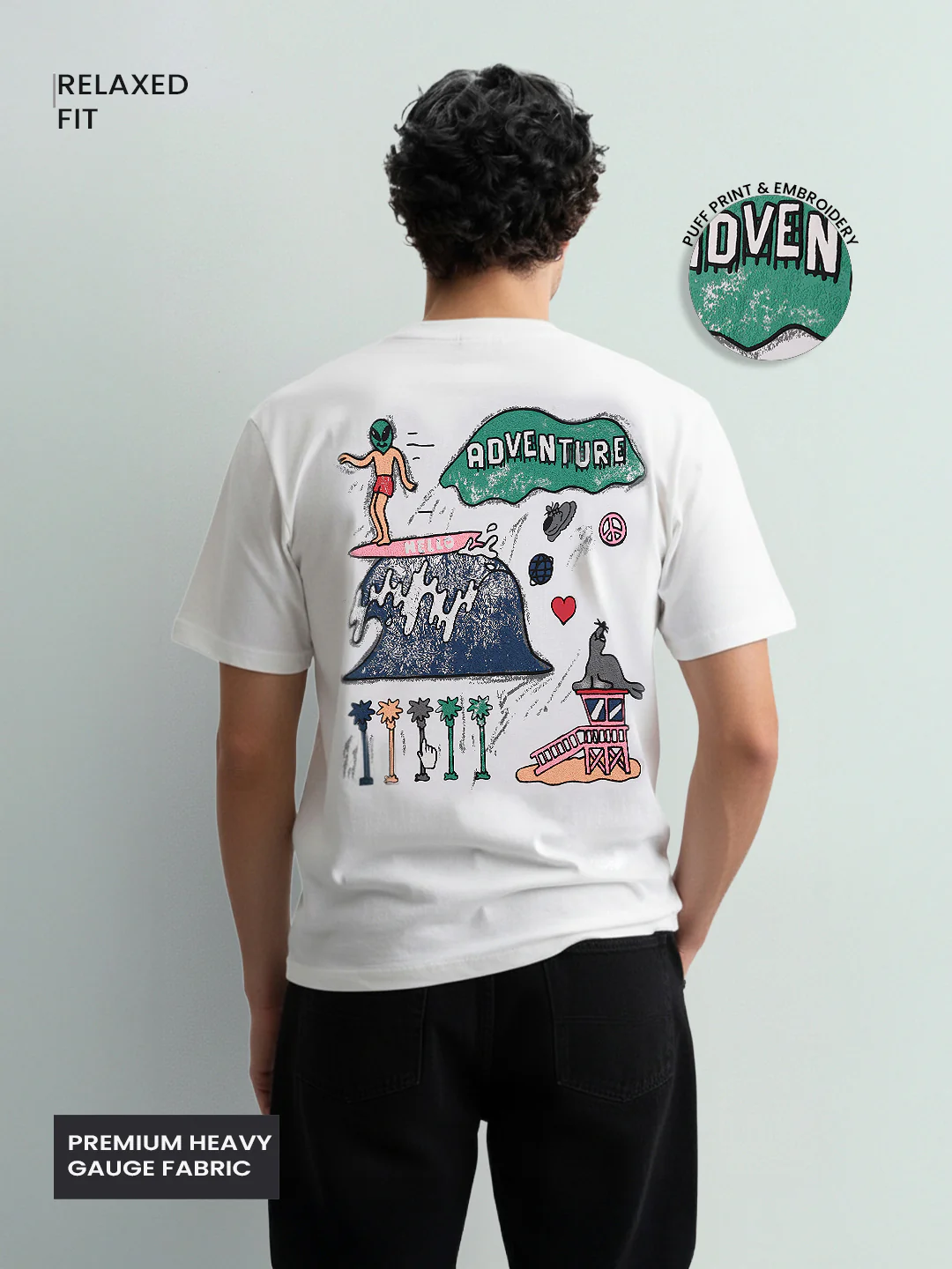 Men's White Relaxed Fit Embroided 240 GSM Casual T-Shirt - Image 3