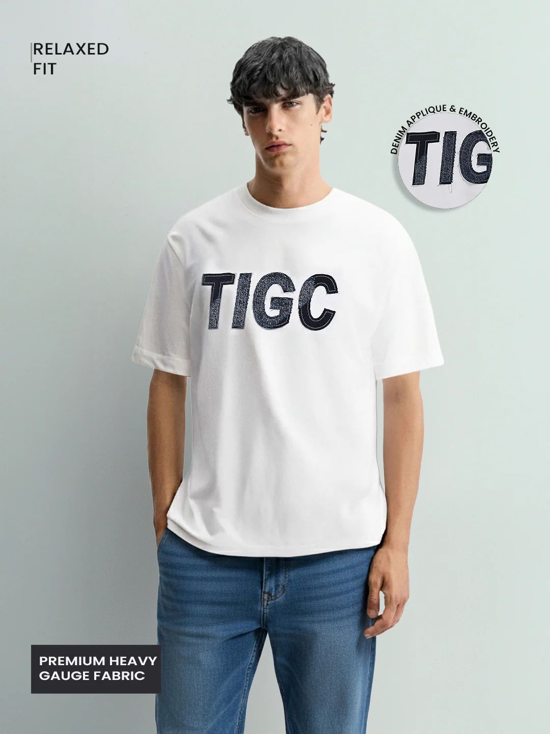 Men's White Relaxed Fit Embroided 240 GSM Casual T-Shirt - Image 3
