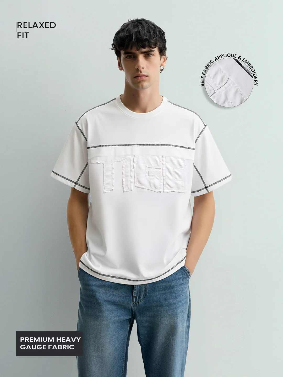 Men's White Relaxed Fit Embroided 240 GSM Casual T-Shirt - Image 3
