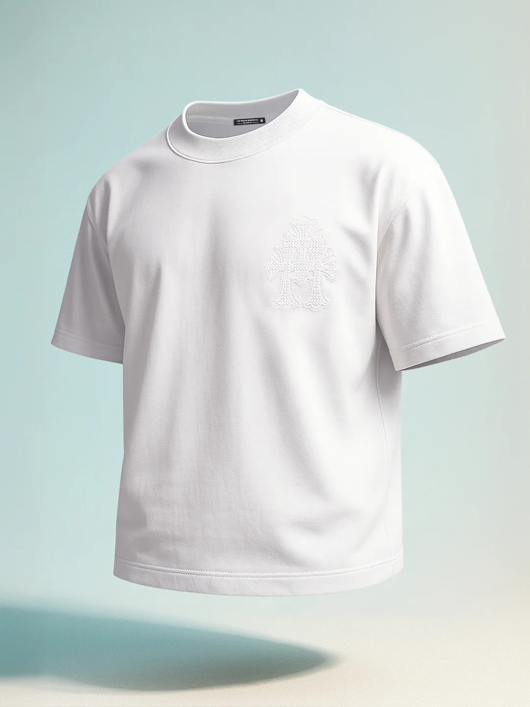 Men's White Relaxed Fit Embroided 240 GSM Casual T-Shirt - Image 2