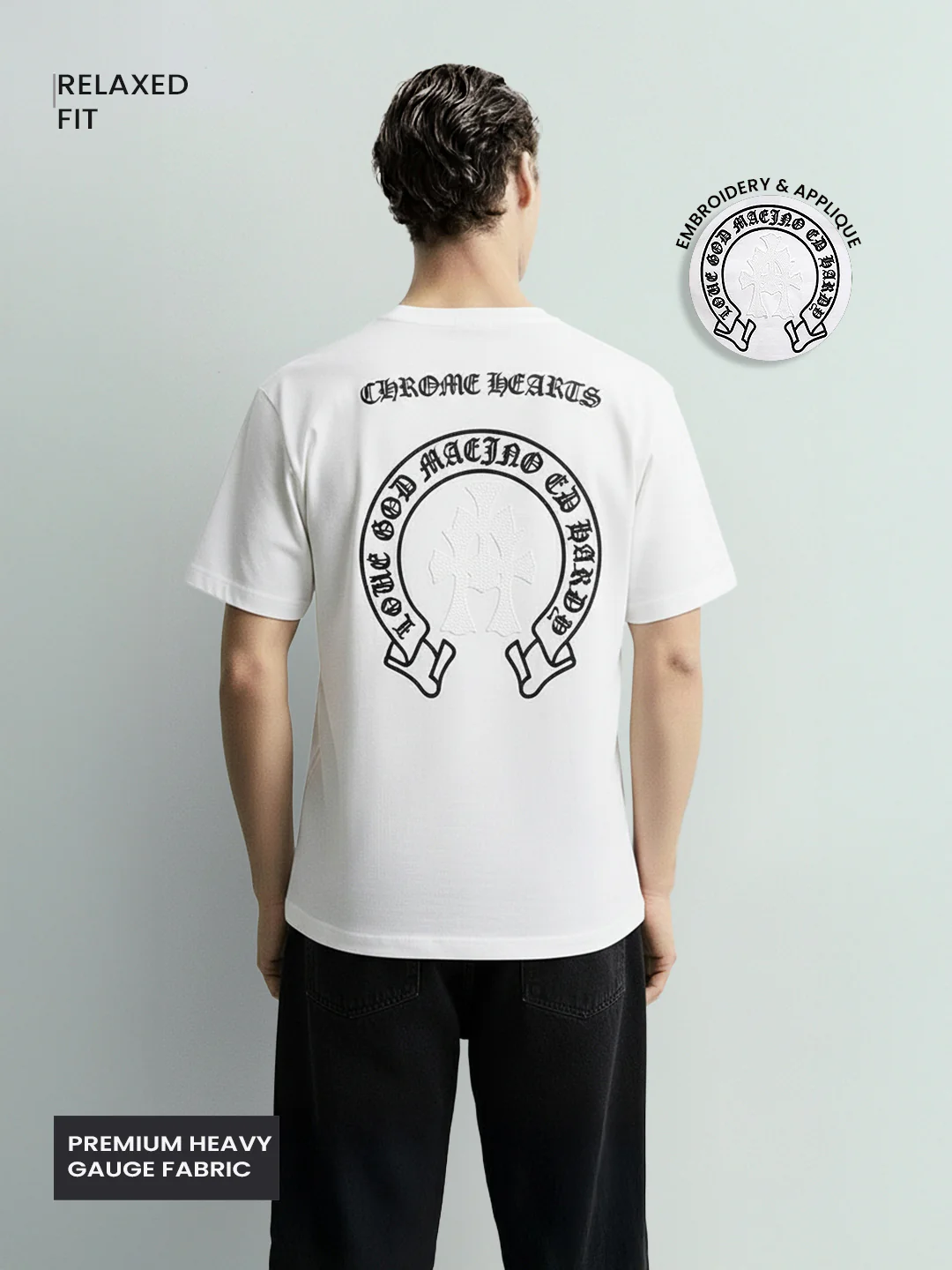 Men's White Relaxed Fit Embroided 240 GSM Casual T-Shirt - Image 3