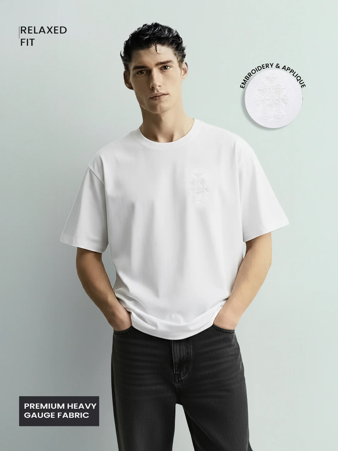 Men's White Relaxed Fit Embroided 240 GSM Casual T-Shirt - Image 4