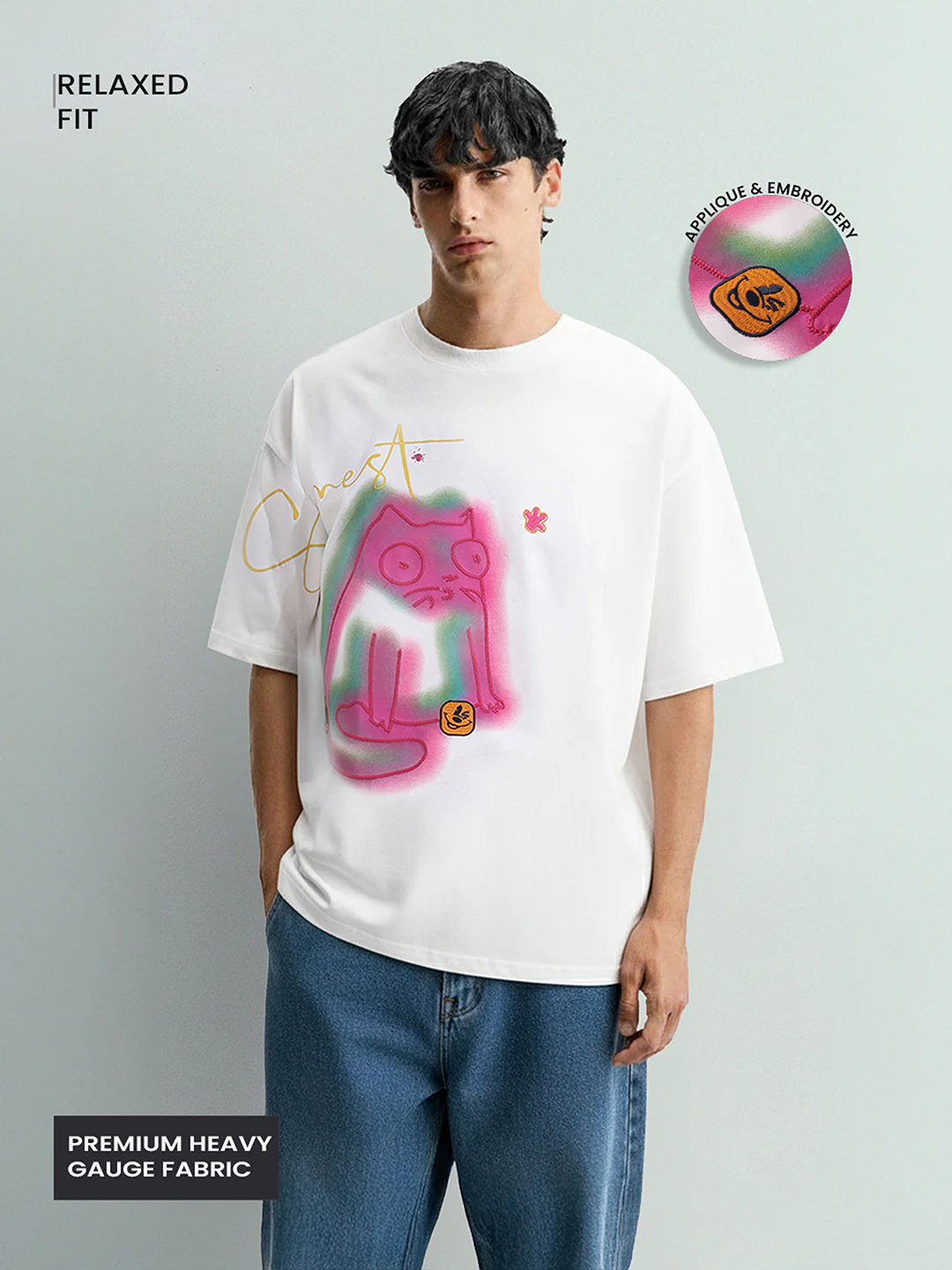 Men's White Relaxed Fit Embroided 240 GSM Casual T-Shirt - Image 3