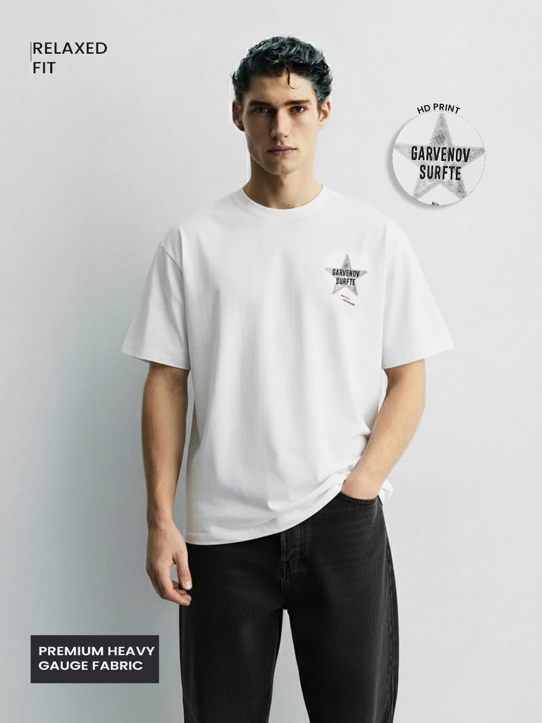 Men's White Relaxed Fit Graphic Printed 240 GSM Casual T-Shirt - Image 3