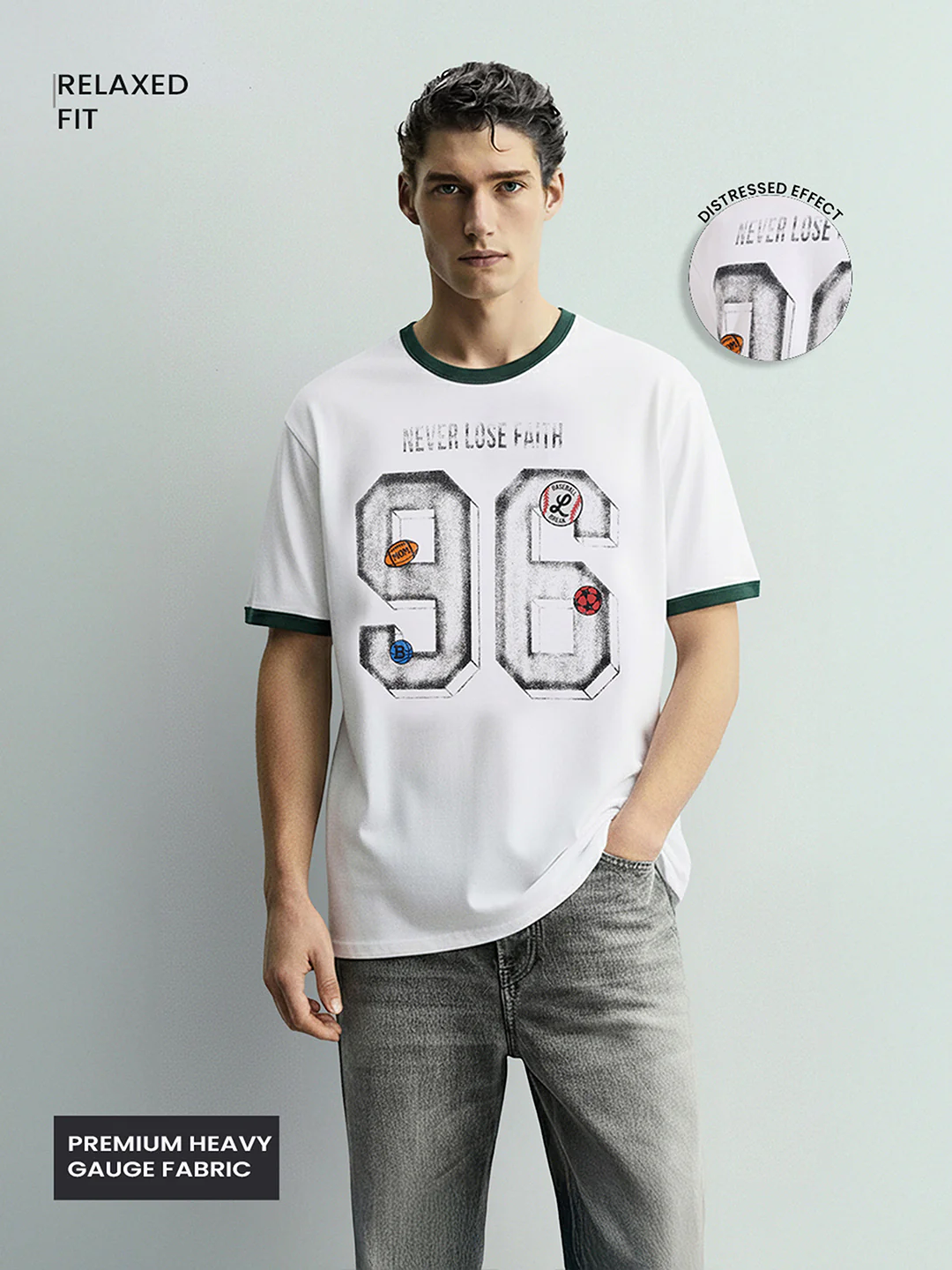 Men's White Relaxed Fit Graphic Printed 240 GSM Sport Wear T-Shirt - Image 3