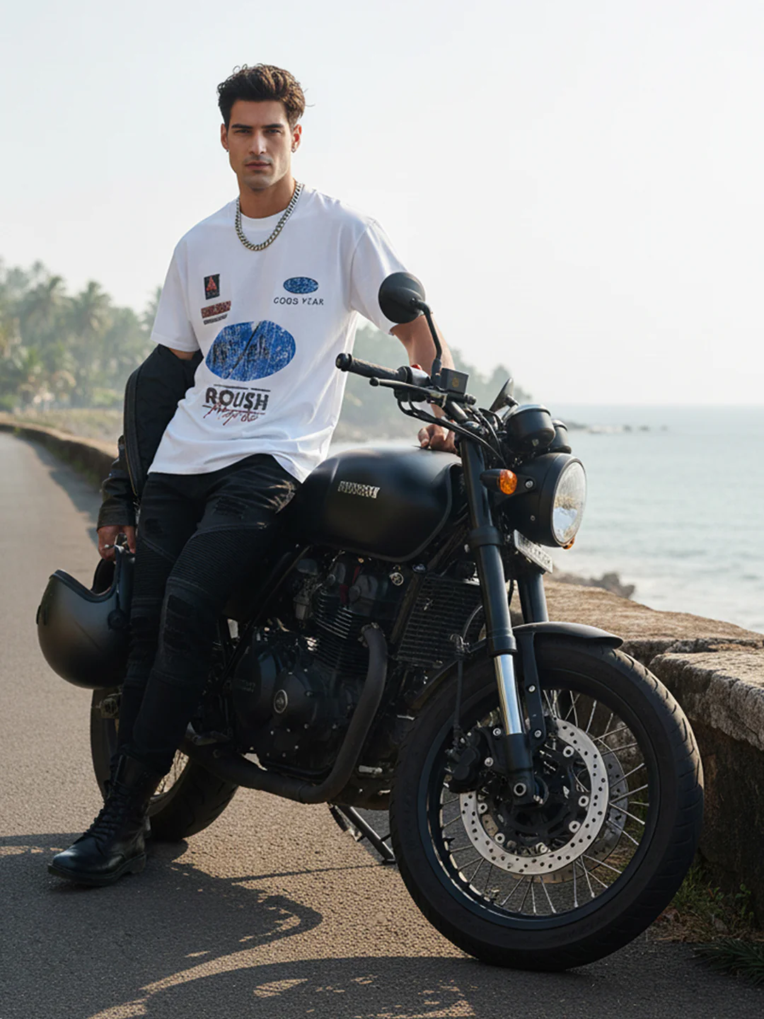 Men's White Relaxed Fit Graphic Printed 240 GSM Street Wear T-Shirt - Image 3