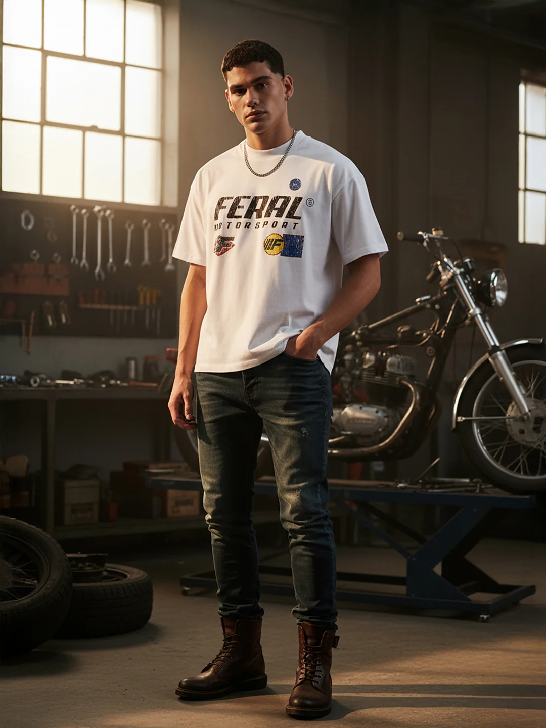 Men's White Relaxed Fit Graphic Printed 240 GSM Street Wear T-Shirt - Image 3