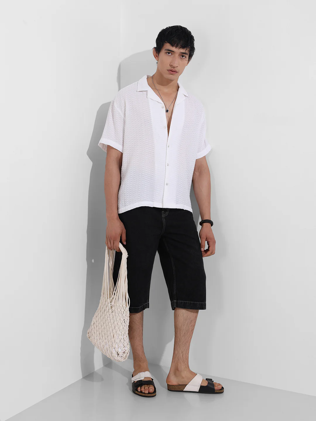 Men's White Relaxed Fit Resort Wear Textured Shirt - Image 2