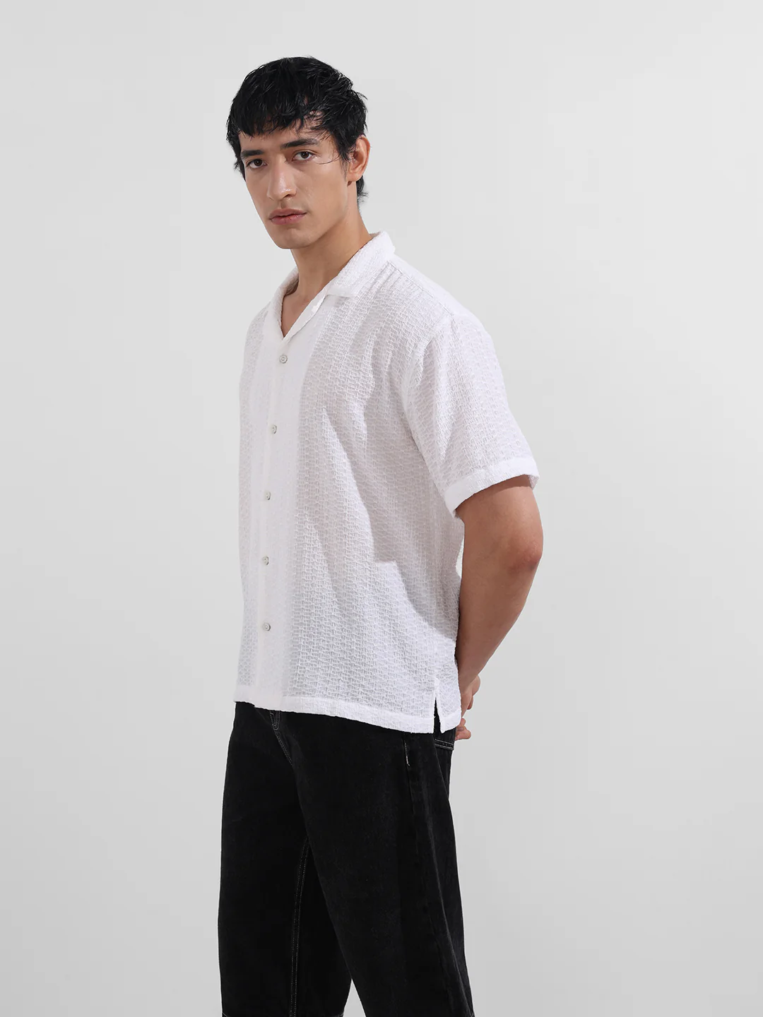 Men's White Relaxed Fit Resort Wear Textured Shirt - Image 3