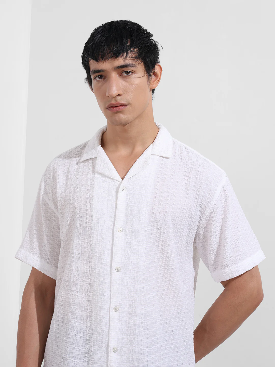 Men's White Relaxed Fit Resort Wear Textured Shirt - Image 4