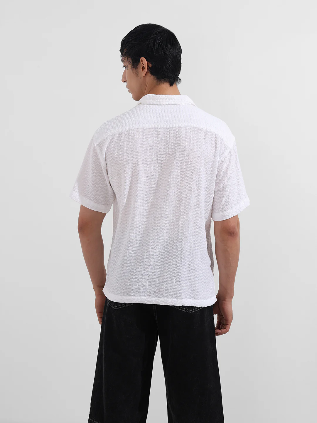 Men's White Relaxed Fit Resort Wear Textured Shirt - Image 5
