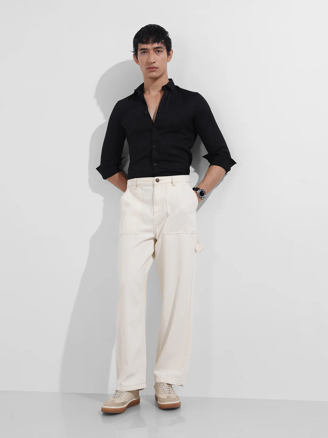 Men's White Relaxed Fit Solid Casual Jeans - Image 2